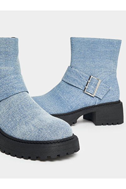 Raid By Styli Denim Look Buckle Detail Biker Ankle Boots