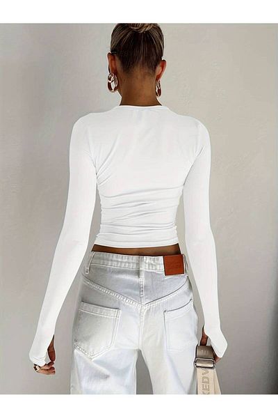 LADY HAZAL White Round Neck Blouse Oversize Body Darkalıp Soft Touch Cotton Ribbed Toe Detailed Blouse