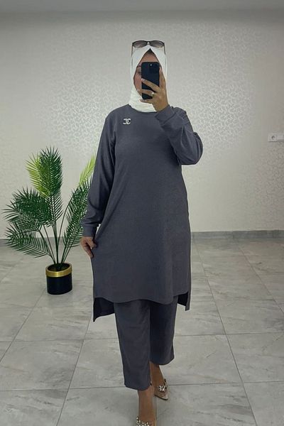 Bold Grup Women's Wrapped Fabric Brooch Winter Long Tunic Pants Double Set
