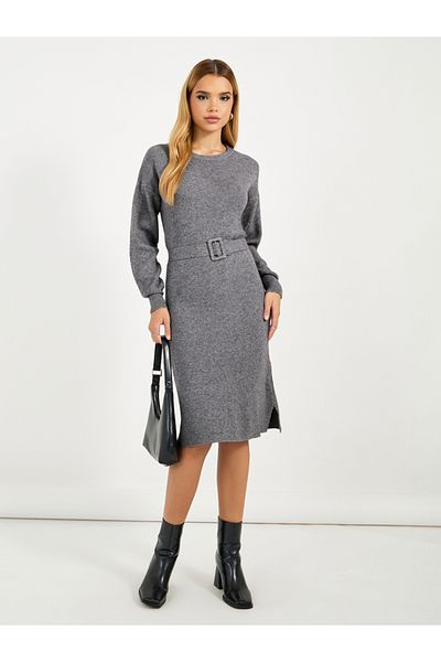 Styli Flat Knit Belted Sweater Knee Length Dress