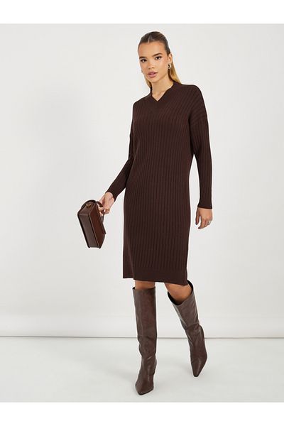 Styli Ribbed Knit V Neck Sweater Midi Dress