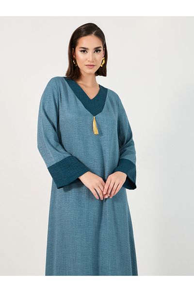 Styli Contrast Cuff Jalabiya with Tassel Detail