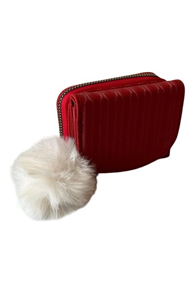 ulaşaksesuar Red Plush White Ball Faux Leather Polite Women's Wallet with Coin Compartment