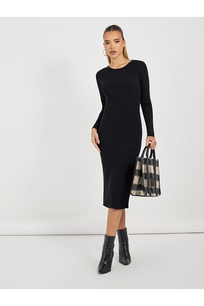 Styli Solid Ribbed Knit Sweater Midi Dress