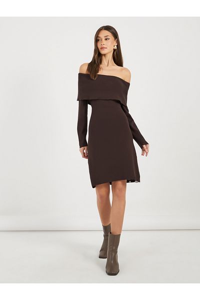Styli Plain Off Shoulder Sweater Mini Dress