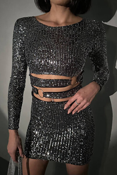 Neşeli Butik γυναικείο γκρι δαχτυλίδι με λεπτομέρειες μίνι παγιέτες φόρεμα NBDF106