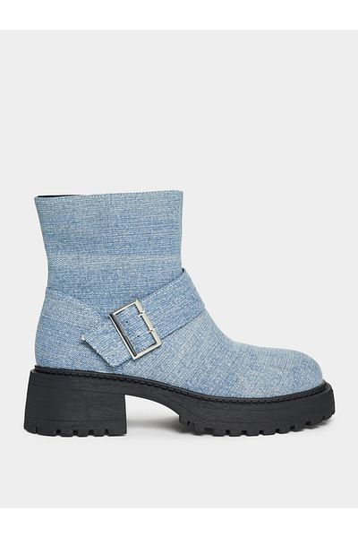 Raid By Styli Denim Look Buckle Detail Biker Ankle Boots