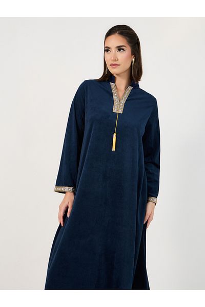Styli Velvet Look Jalabiya with Lace Trim