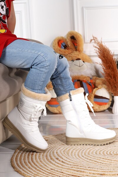 Evojean Fermuarlı İçi Kürklü Soğuğa Dayanıklı Çizme Unisex Çocuk Kar Botu Beyaz