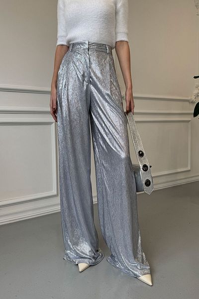 MAGARDE Shiny Gray Palazzo Trousers