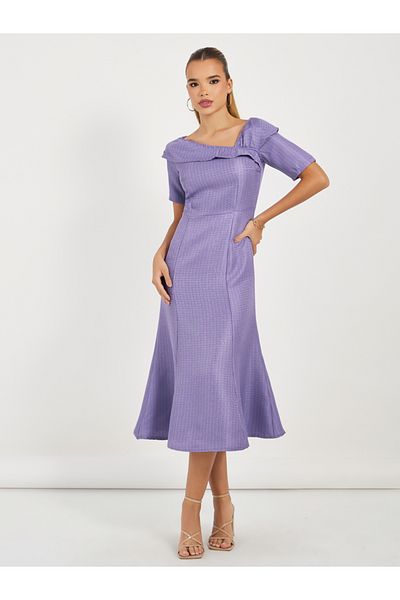 Styli Asymmetric Neck Tweed A-Line Midi Dress