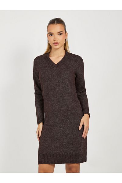 Styli Flat Knit V Neck Sweater Mini Dress