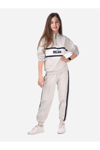 Victor and Jane By Styli Slogan Print Half Zipper Sweatshirt & Joggers Set