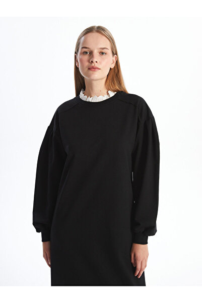 LC Waikiki LCW Modest Siyah Fırfırlı Dik Yaka Kadın Sweatshirt Elbise