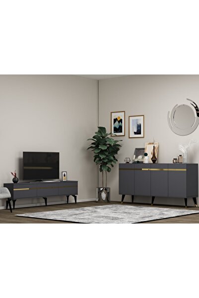 DEMONTE DECOR DEFFNE TV SEHPASI ve KONSOL 2'Lİ SALON TAKIMI ANTRASİT-ALTIN