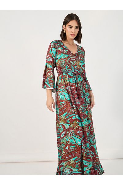 Styli Paisley Print Bell Sleeves A-Line Maxi Dress