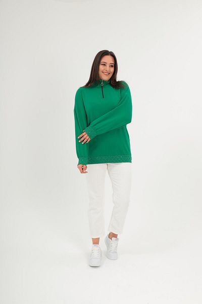 Ebsumu Plus Size Half Turtleneck Zip Geometric Stone Detailed Green Sweatshirt