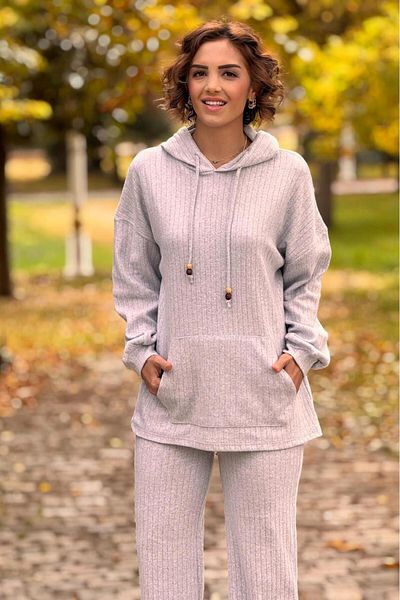 Nevin Kaya Moda Gray Kangaroo Pocket Wool Cotton Double Set