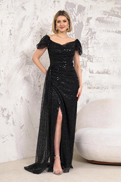 Livanomi Kayık Yaka İncili Pullu Siyah Abiye