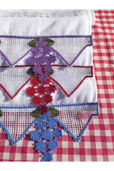 Peacock 3-Piece Laced, Embroidered, Suitable for Dowry, Gift Hand Towel 100% Cotton