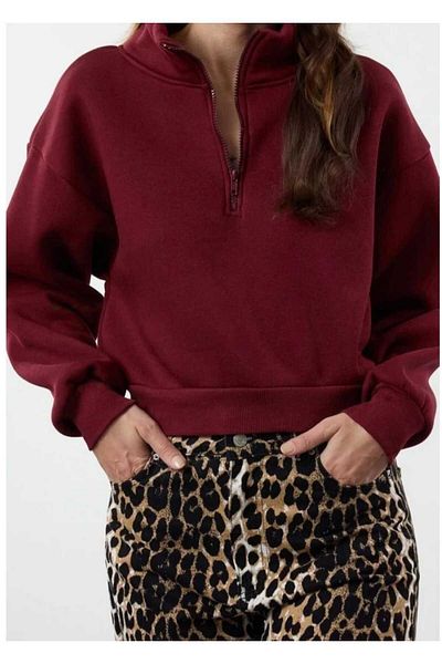 NEVEGE BUTİK Women's Oversize Chardned Half Zippered Crop Sweat-Bordo