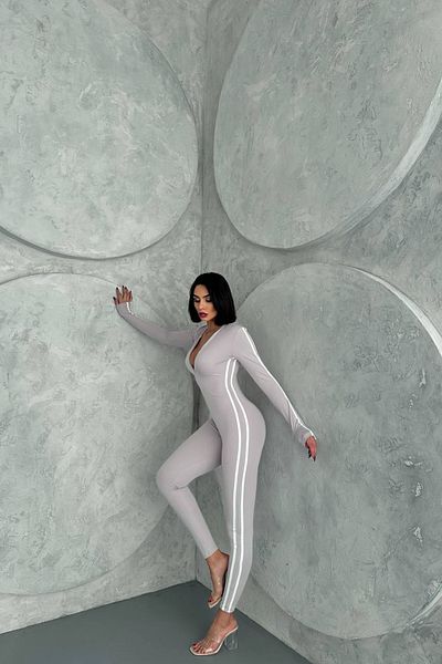 Neşeli Butik Women's Grey Line Detailed High Waist Jumpsuit Nbdf098