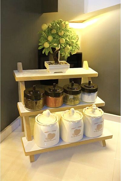 PEKA Counter Top Shelf Kitchen Rack Seasoning Rack Organizer Wooden Corner Shelf Three Shelves Organizer