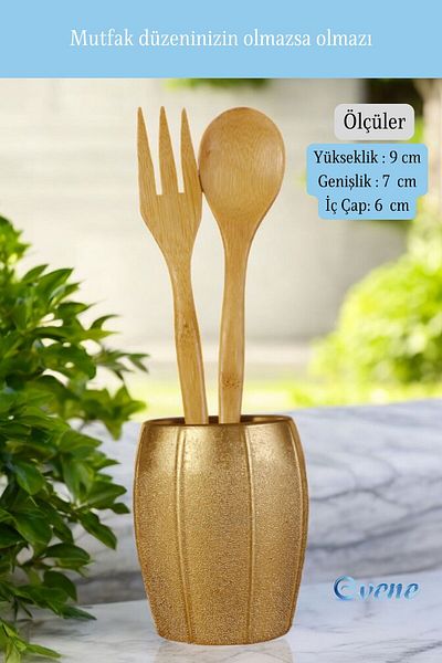 Evene Gold Color Decorative Cutlery Holder - Counter Top Cylinder Model 13