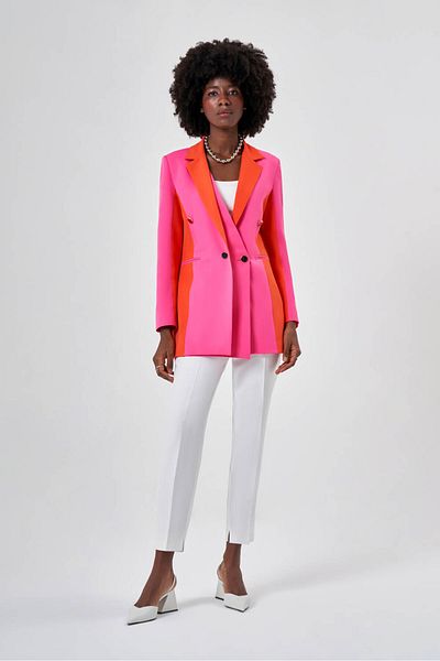 Mizalle Color Blocked Fuchsia/Orange Blazer Jacket