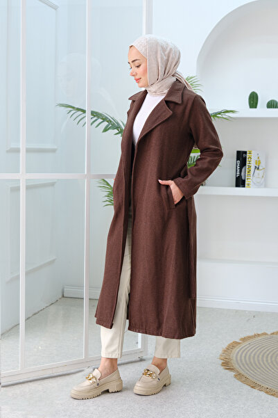 LOCCO Коричневий крузавий кашемірний пальто - жіночий, на шнурівці