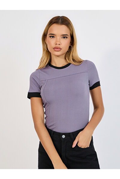 Styli Ribbed Round Neck Contrast Panel Fitted T-Shirt