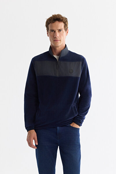 Avva Men's Navy Blue Cold Resistant Zippered Stand Collar Fleece Regular Fit Sweatshirt A42Y1380