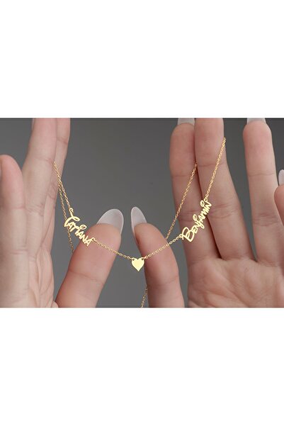 DECOVIENO İsim Kolye, Iki Isim Kolye, Kalp Detaylı Altın Kaplama, 925 Ayar Gümüş Kolye