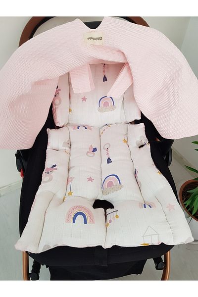ilkimbebe Cloudy Muslin Pique Double Sided Stroller Cover, Cushioned Baby Double Layer, 100% Cotton
