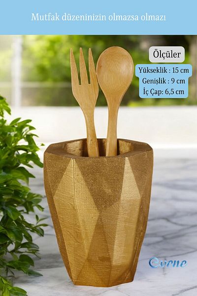 Evene Gold Color Decorative Cutlery Holder - Counter Top Cylinder Model 19