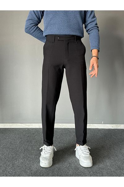 THEMANN Black Short Tongue Double Leg Trousers with Elastic Waist