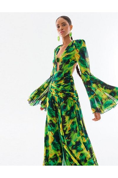 nish for you Green Long Sleeve Designer Dress