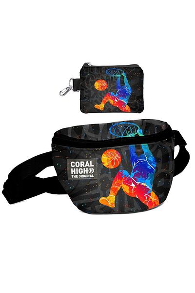 Coral High Boy's Gray Basketball Pattern Waist Bag and Coin Purse Set
