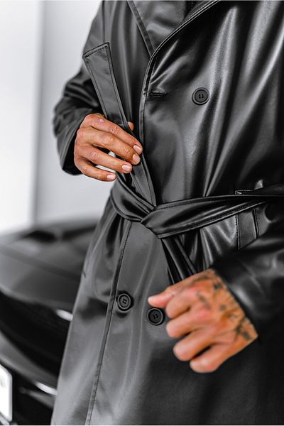 ablukaonline Men's Slim Fit Belted Leather Trench Coat Black
