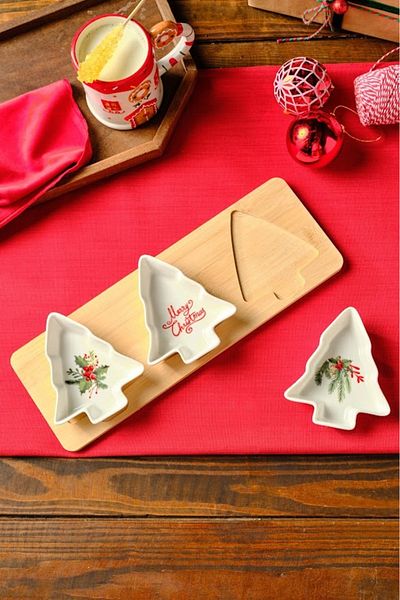 Karaca New Year Christmas Bamboo Snack Pine Tree 3-Piece Snack Bowl