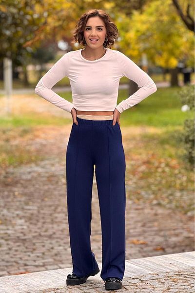 Nevin Kaya Moda Navy Blue Modal Fabric Trousers with Waist Garnish