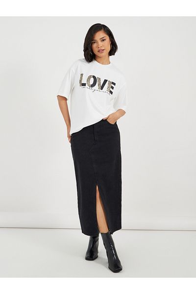 Styli Oversized Slogan Print Round Neck Longline T-shirt