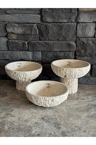 Polen Stone Traverten doğal taş patlatma modelli 3,lü kase takımı-Havluluk