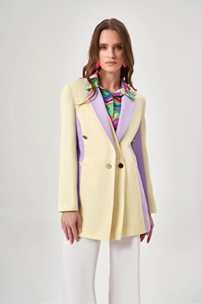 Mizalle Renk Bloklu Sarı/lila Blazer Ceket