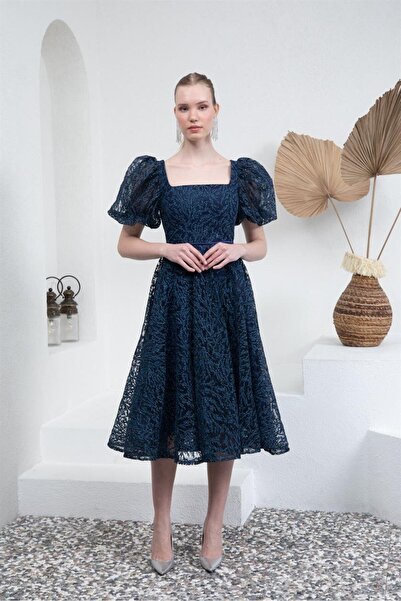 Livanomi Lacivert Kare Yaka Karpuz Kol Abiye Elbise