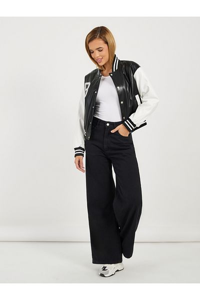 Styli Regular Fit Leather Look Varsity Bomber Jacket