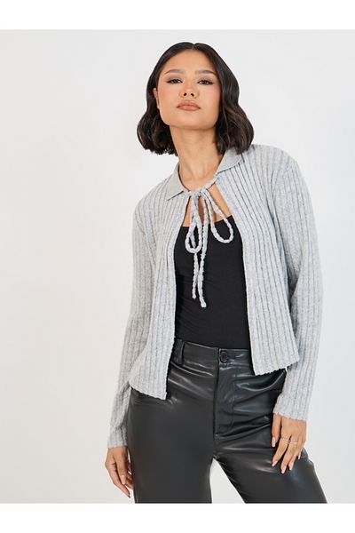 Styli Tie-Up Neck Ribbed Knit Top