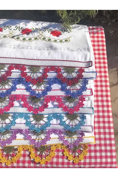 Peacock Set of 6 Laced, Embroidered, Suitable for Dowry, Gift Hand Towels, 100% Cotton