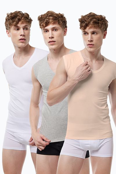 Malabadi Invisible Undershirt Men's White Gray Skin Color 3 Pack V Neck Non Marking Modal Sleeveless Undershirt 064