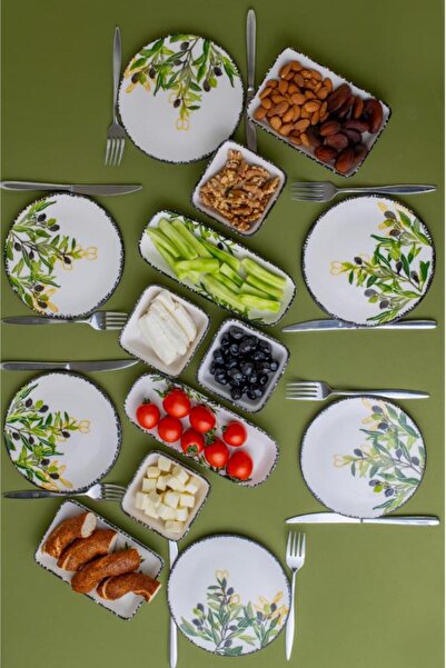 Flora 14 Parça 6 Kişilik Seramik Kahvaltı Takımı Zeytin Desenli Yuvarlak Kahvaltı Seti